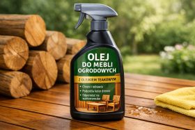 Butelka oleju do mebli ogrodowych z olejkiem teakowym na drewnianym stole