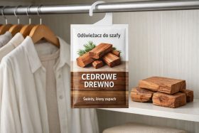 Odświeżacz do szafy z cedrowym drewnem zawieszony na wieszaku w szafie przedstawiający wizualizacje produktowe