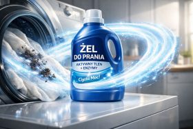 Niebieska butelka żelu do prania na pralce z białymi ubraniami i efektem czyszczenia