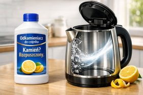 Butelka odkamieniacza do czajnika obok elektrycznego czajnika ze świeżym cytryną