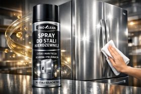 Spray do stali nierdzewnej Pro-Clean obok czystej lodówki ze stali szlachetnej