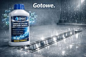 Butelka środka do czyszczenia odpływów liniowych na tle czystej podłogi z odpływem