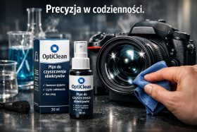 Butelka i opakowanie płynu do czyszczenia obiektywów obok aparatu i ręki z ściereczką
