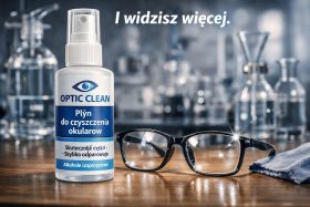 Butelka płynu do czyszczenia okularów i czarne okulary na drewnianym stole