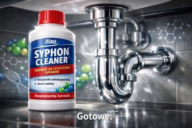 Butelka preparatu do czyszczenia syfonów obok błyszczącej chromowanej instalacji kanalizacyjnej będąca przykładem na wizualizacje produktowe