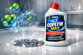 Butelka żelu do czyszczenia odpływów na tle odpływu w łazience