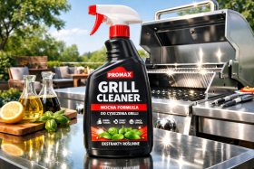 Butelka środka do czyszczenia grilla Promax na tle otwartego grilla ogrodowego