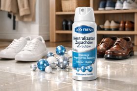 Spray neutralizujący zapachy do butów ODO-FRESH na podłodze przed półką z butami