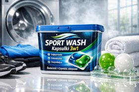 Opakowanie kapsułek do prania Sport Wash 3w1 na tle pralki i ubrań sportowych