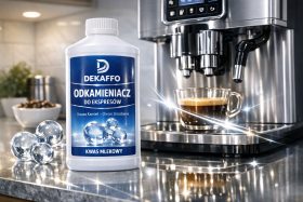 Butelka odkamieniacza do ekspresów na blacie obok ekspresu do kawy