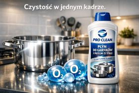 Butelka płynu do mycia garnków i patelni ze stali obok lśniącego garnka kuchennego