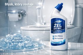 Butelka żelu do WC z długą szyjką na tle toalety i bąbelki kwasu mlekowego