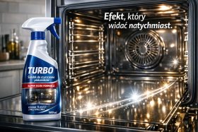 Butelka środka do czyszczenia piekarników Turbo obok czystego wnętrza piekarnika