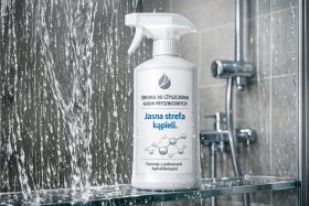 Butelka środka do czyszczenia kabin prysznicowych na półce pod prysznicem będąca przykładem na wizualizacje produktowe