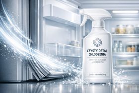 Butelka środka do uszczelek lodówkowych na tle otwartego lodówki