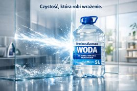 Butelka 5 litrów demineralizowanej wody na blacie z rozpryskującą się wodą