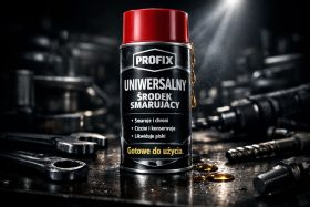 Puszka uniwersalnego środka smarującego Profix z czerwoną nakrętką na stole warsztatowym