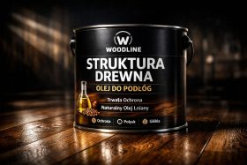 Puszka oleju do podłóg Woodline na drewnianej podłodze przedstawiająca wizualizacje produktowe