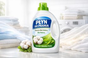 Butelka płynu do prania z zieloną nakrętką na tle pralki i białych ręczników