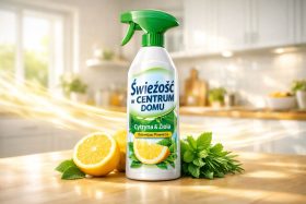 Butelka sprayu do odświeżania powietrza o zapachu cytryny i ziół na kuchennym blacie