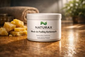 Biały pojemnik wosku do podłóg korkowych Naturax na drewnianej powierzchni