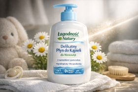 Butelka delikatnego płynu do kąpieli dla niemowląt z pompką na ręczniku przedstawiająca wizualizacje produktowe