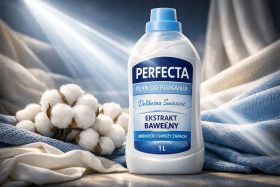 Butelka płynu do płukania Perfecta z ekstraktem bawełny na tle tkanin i kwiatów bawełny
