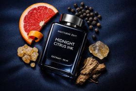 Butelka perfum Midnight Citrus Ink z owocem grejpfruta i przyprawami na granatowym tle