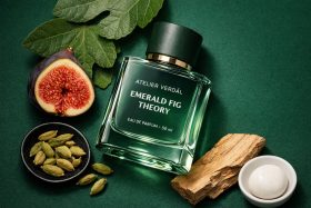 Butelka perfum Emerald Fig Theory na zielonym tle z figą i przyprawami