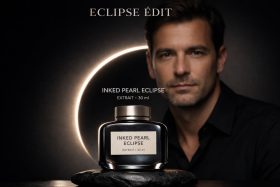 Butelka perfum Inked Pearl Eclipse na czarnym tle z mężczyzną i światłem w kształcie półksiężyca