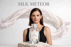 Butelka perfum Silk Meteor na kamieniu z kobietą i białym materiałem w tle
