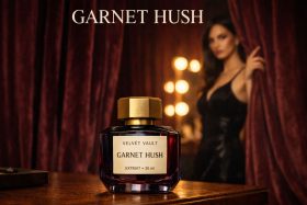 Butelka perfum Garnet Hush z ciemnoczerwonym płynem i złotą nakrętką na drewnianym stole