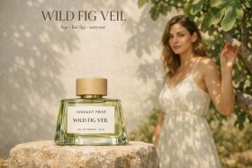 Butelka perfum Wild Fig Veil na kamieniu z kobietą w białej sukience w tle