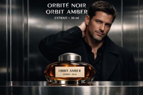 Butelka perfum Orbit Amber 30 ml na metalowej powierzchni z mężczyzną w tle