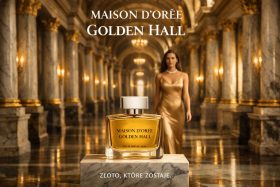 Perfum Maison d'Orée Golden Hall na marmurowym postumencie w złotej sali z kobietą w złotej sukni w tle