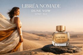 Butelka perfum Dune Vow na kamieniu na tle pustyni i kobieta w białej sukni