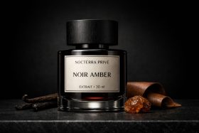 Butelka perfum Noir Amber z ciemną nakrętką i naturalnymi składnikami obok