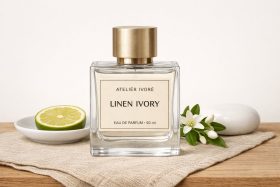 Butelka perfum Linen Ivory z złotą nakrętką na lnianej tkaninie z limonką i kwiatami