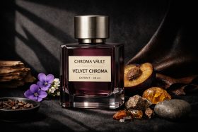 Butelka perfum Velvet Chroma z ciemnego szkła z kwiatami i owocem śliwki