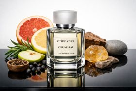 Perfumy Citrine Leaf w szklanej butelce z owocami i naturalnymi składnikami