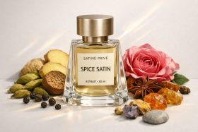 Perfumy Spice Satin w szklanej butelce z przyprawami i różą