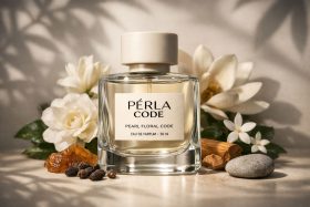 Butelka perfum PéRLA CODE z kwiatami i naturalnymi składnikami