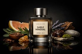 Butelka perfum Sable Mineral z naturalnymi składnikami na czarnym tle