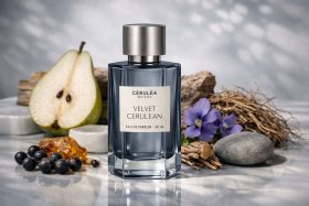 Butelka perfum Velvet Cerulean z owocami i kwiatami w tle