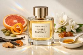 Perfum Ambre Diaphane w szklanej butelce z owocem grejpfruta i kwiatami w tle