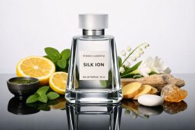 Butelka perfum Silk Ion z cytryną, miętą i kwiatami na czarnym tle