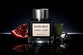 Butelka perfum Silver Vault z granatem i liściem laurowym na czarnym tle