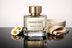 Butelka perfum Calménne Privé z kwiatami rumianku i miękkim ręcznikiem