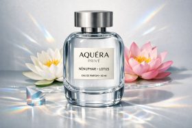 Butelka perfum Aquéra Privé Nénuphar Lotus z kwiatami lotosu w tle