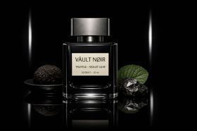 Butelka perfum Vault Noir z czarną etykietą i metalową nakrętką na czarnym tle